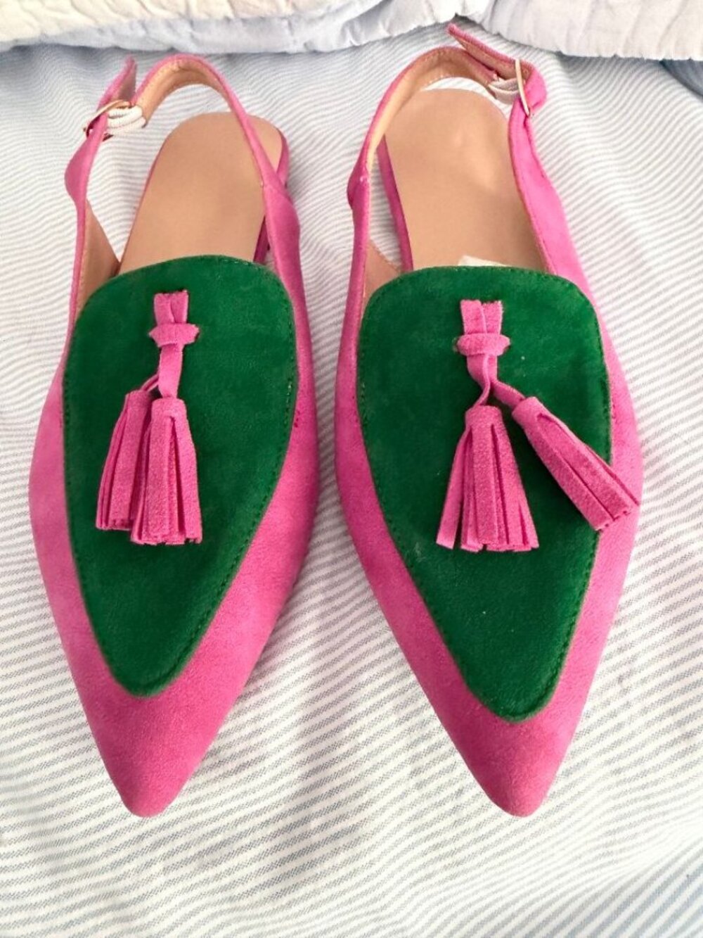 Pink and Green Suede Tassel Flats